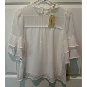 Monteau Los Angeles White 3/4 Sleeve Ruffle Blouse Keyhole Neckline Size Small